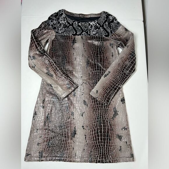 Gusto Barcelona Bohemian Vegan Leather Mini Dress Brown Gray Long Sleeve Size S - Picture 5 of 14